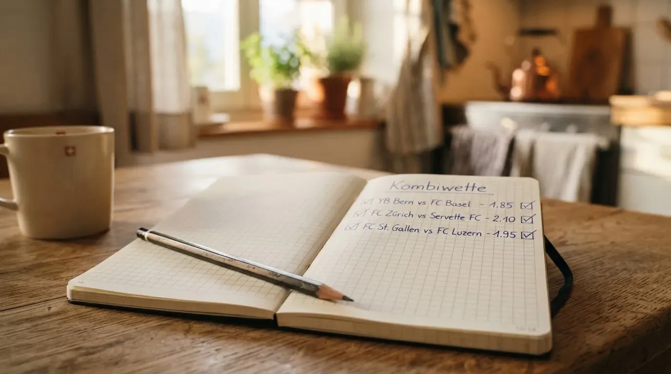 Ein leeres kariertes Heft und ein Bleistift liegen auf einem Küchentisch im warmen Licht des späten Nachmittags.