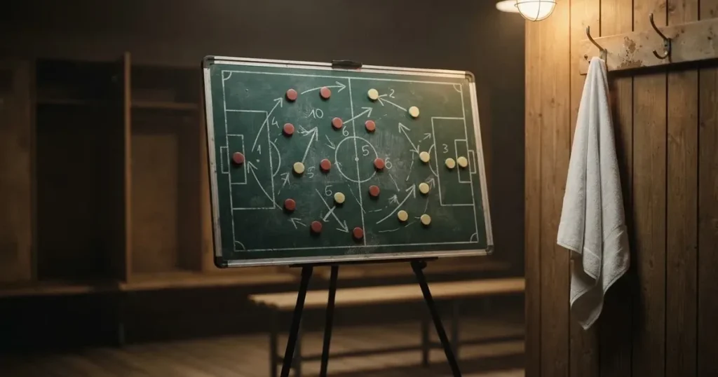 Eine Taktiktafel mit farbigen Magnetfiguren auf grünem Feld steht in einer leeren Kabine, neben ihr hängt ein Handtuch.
