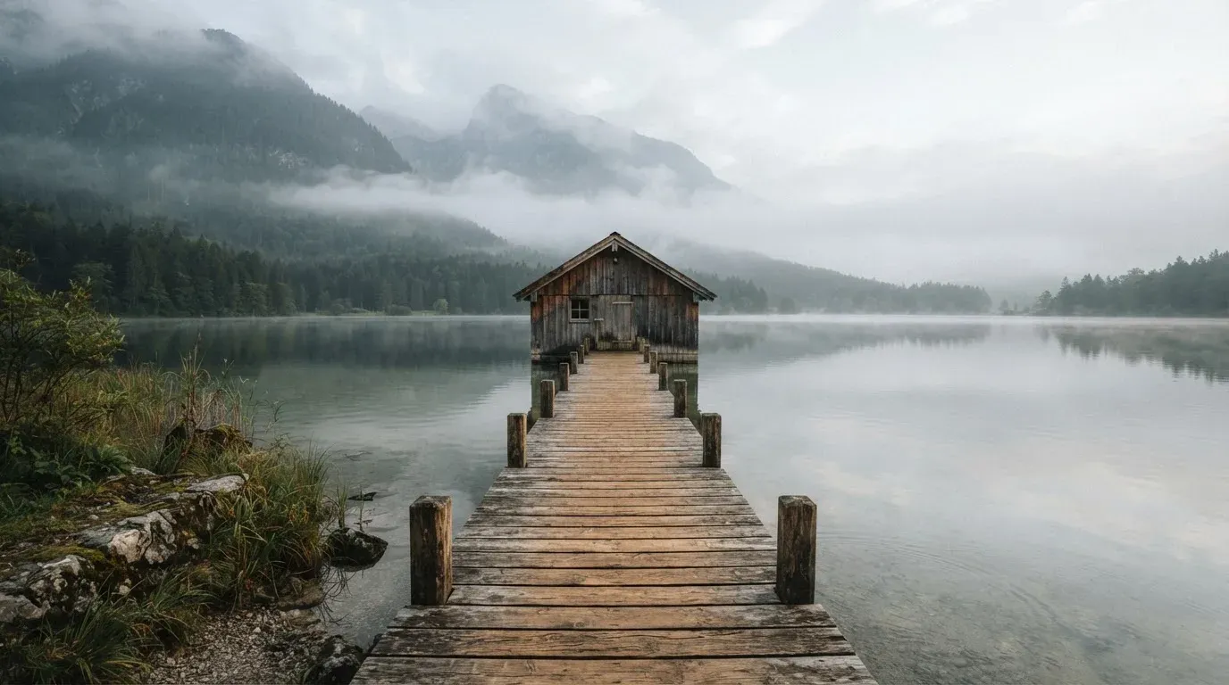Ein Holzsteg führt über einen ruhigen Bergsee zu einem kleinen Bootshaus, über dem Wasser hängt Morgennebel.