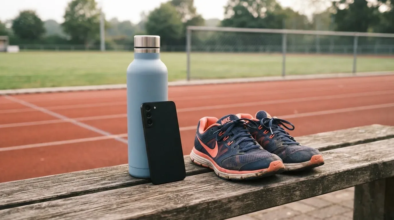 Ein Smartphone mit dunklem Bildschirm lehnt an einer Wasserflasche, daneben stehen Laufschuhe auf einer Bank am Sportplatz.