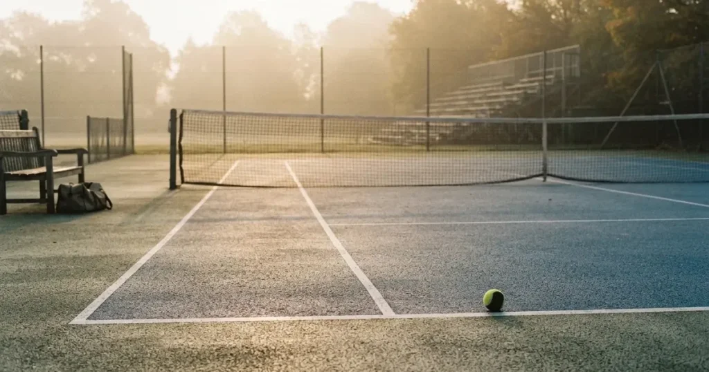 Ein Tennisplatz im ersten Morgenlicht, das Netz hängt leicht durch und auf der Grundlinie liegt ein einzelner Ball.