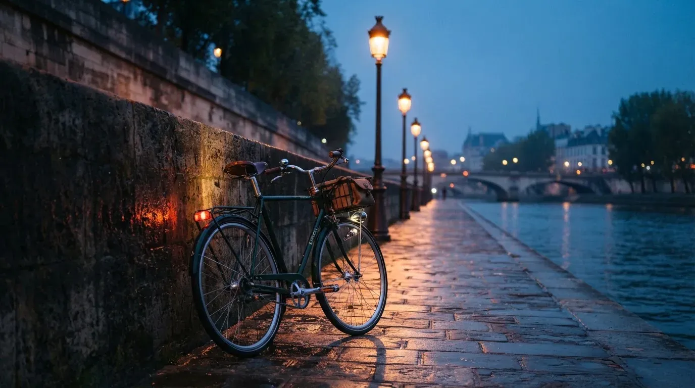 Ein Velo lehnt an einer Steinmauer am Ufer eines Flusses, die Strassenlaternen leuchten in der Dämmerung.