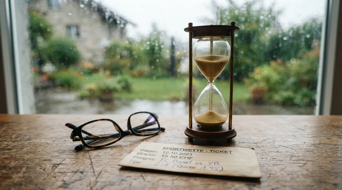 Eine Sanduhr steht auf einem Holztisch neben einer Brille, hinter dem Fenster laufen Regentropfen über das Glas.