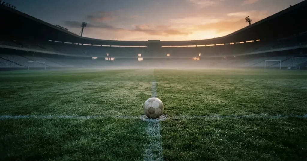 Ein Fussballplatz im Morgennebel, im Mittelkreis liegt ein einzelner Ball und der Rasen glänzt vom Tau.