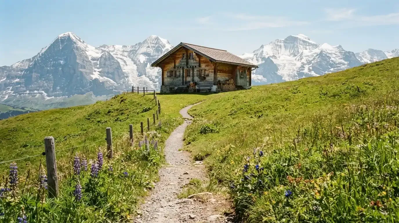Ein Wanderweg führt über eine Alpwiese zu einem Holzchalet, dahinter ragen verschneite Gipfel in den Himmel.