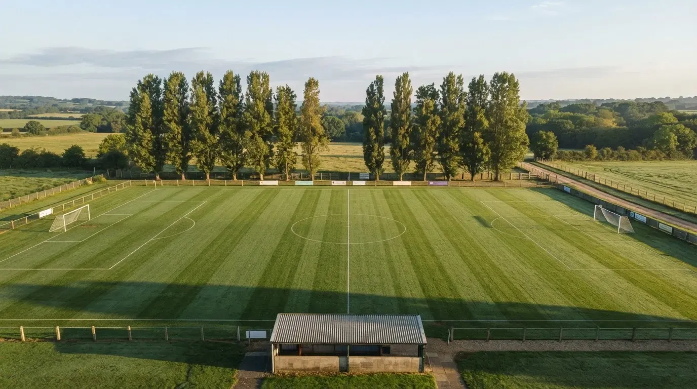 Ein leerer Fussballplatz mit weissen Linien von oben gesehen im Morgenlicht, am Rand stehen zwei Tore und eine Reihe Pappeln.