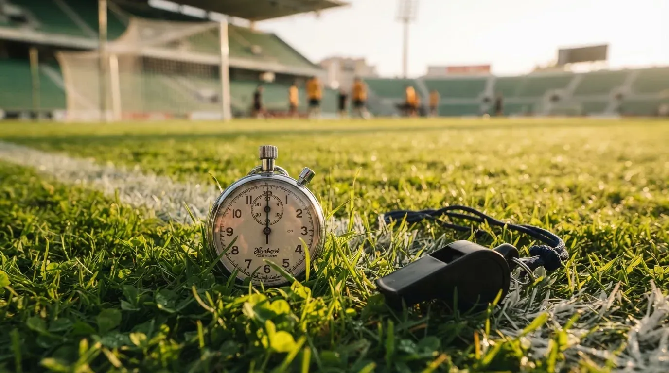 Eine Stoppuhr liegt neben einer Trillerpfeife auf einem Stück Rasen an der Seitenlinie eines Fussballfelds im Gegenlicht.