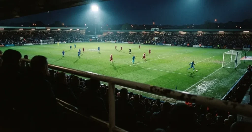 Ein Fussballspiel am Abend aus der Tribünenperspektive, die Spieler sind nur als kleine Figuren zu erkennen und das Flutlicht beleuchtet den nassen Rasen.