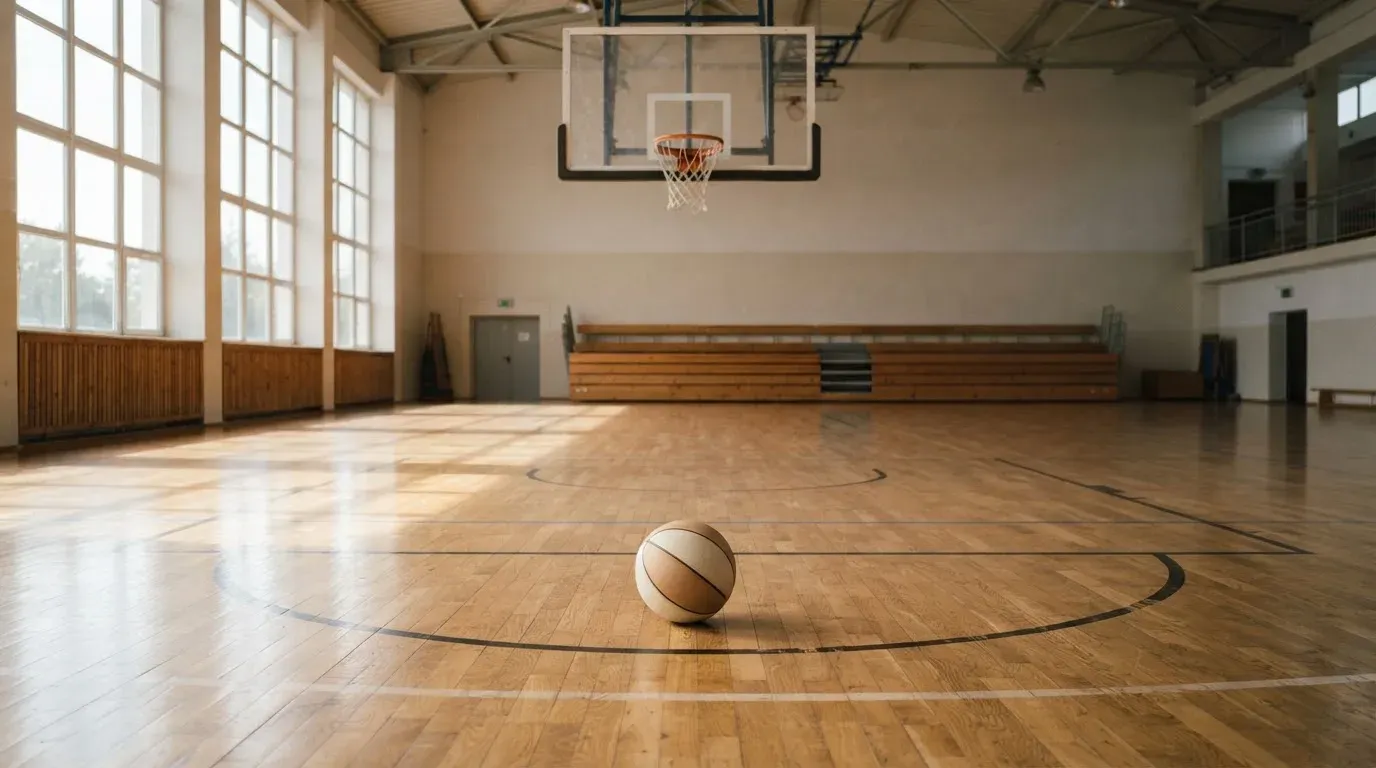 Ein Basketball liegt unter dem Korb in einer leeren Sporthalle, durch hohe Fenster fällt Tageslicht auf das Parkett.