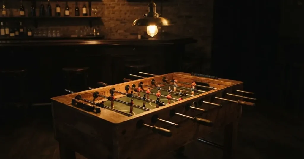 Ein hölzerner Tischfussball steht in einer leeren Bar, die Stangen mit den Figuren glänzen im Gegenlicht einer Lampe.