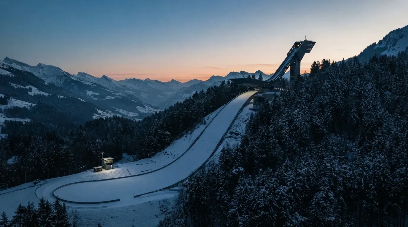 Eine Skisprungschanze ragt in der Dämmerung über einen Wald in den Alpen, der Auslauf liegt verschneit und leer da.