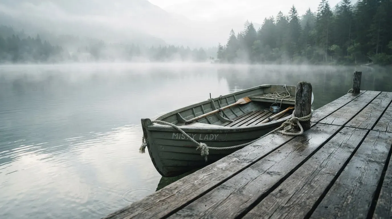 Ein Ruderboot liegt an einem Steg am Ufer eines Sees, über dem Wasser steigt dünner Nebel auf.