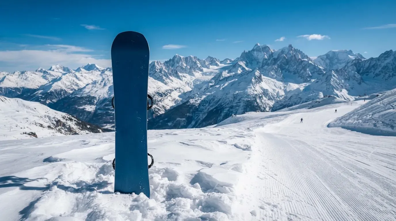 Ein Snowboard steckt aufrecht im Schnee am Rand einer Piste, dahinter spannt sich klarer Himmel über verschneiten Gipfeln.