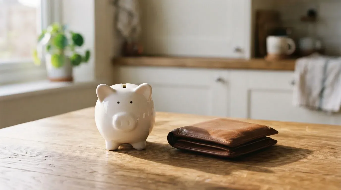 Ein Sparschwein aus Keramik steht auf einem Küchentisch neben einer leeren Geldbörse im Licht des Morgens.