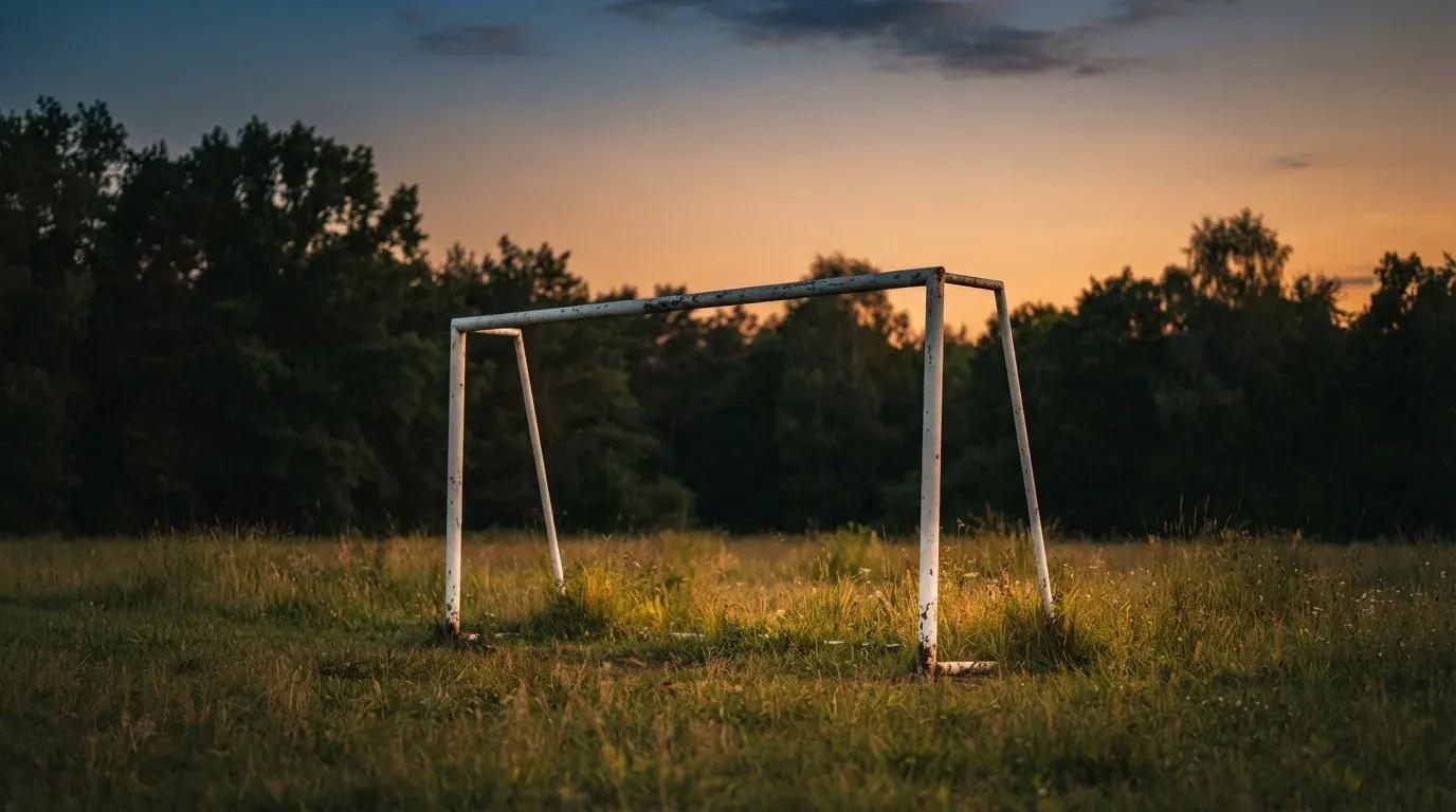 Ein Fussballtor ohne Netz steht auf einer Wiese am Waldrand, die Abenddämmerung färbt den Himmel orange.