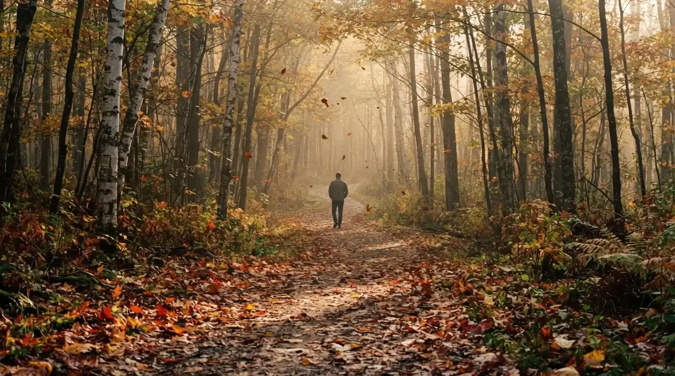 Ein Waldweg im Herbst mit buntem Laub, in der Ferne geht eine einzelne kleine Gestalt zwischen den Bäumen.