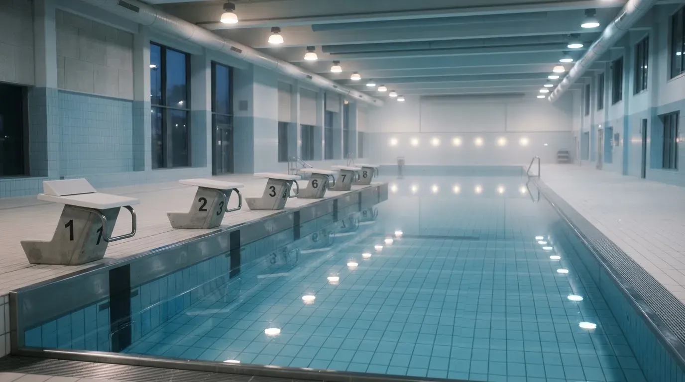 Ein leeres Schwimmbecken mit Startblöcken am Morgen, die Wasseroberfläche ist ruhig und spiegelt die Deckenlampen.
