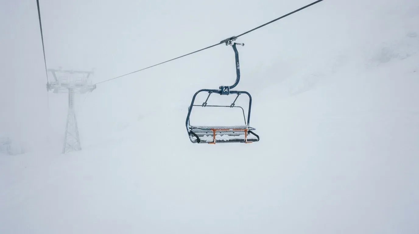 Ein Sessellift fährt leer durch dichten Nebel über eine winterliche Alp, unter ihm liegt unberührter Schnee.