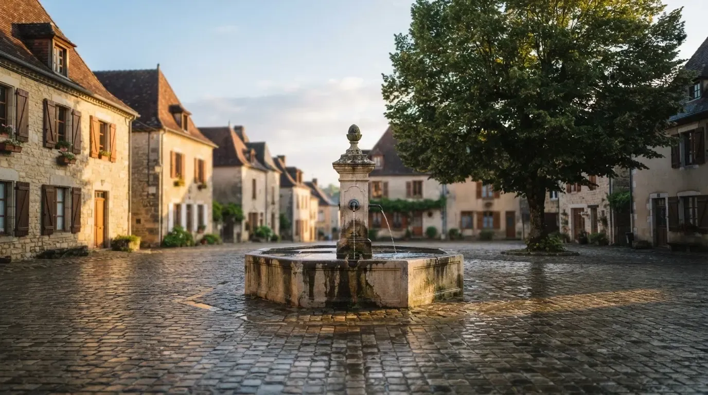 Ein stiller Dorfplatz mit einem Steinbrunnen im Frühlicht, auf dem Pflaster steht keine Person.