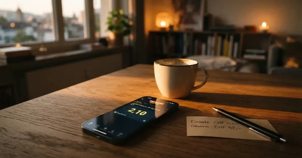 Ein Smartphone mit dunklem Display liegt auf einem Holztisch neben einer Kaffeetasse, durch das Fenster fällt warmes Abendlicht.