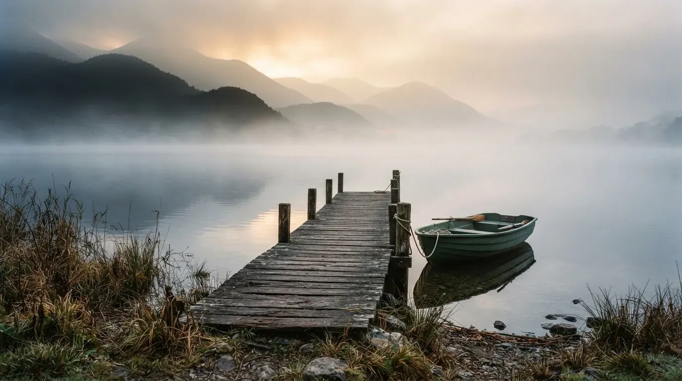 Ein Seeufer mit einem Holzsteg und einem vertäuten Ruderboot im Morgennebel, im Hintergrund die Silhouette von Bergen.