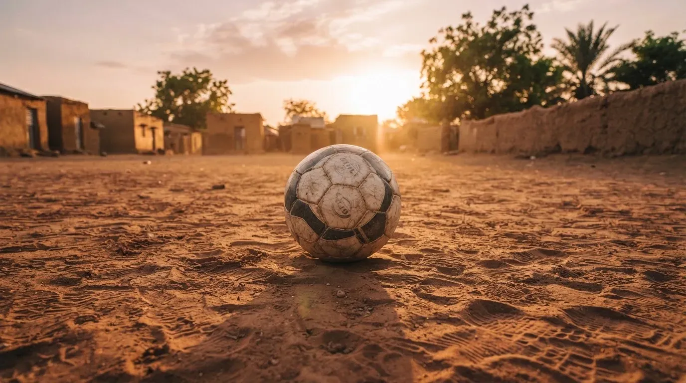 Ein Fussball liegt auf rotbraunem Sand am Rand eines Dorfes, die Abendsonne wirft lange Schatten.