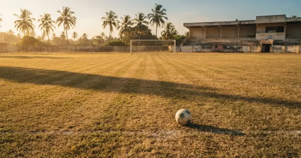 Ein ausgetrockneter Fussballplatz mit Rasenstreifen im warmen Nachmittagslicht, im Hintergrund Palmen und ein flaches Stadiondach.