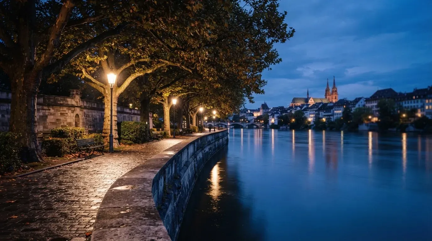 Eine Rheinpromenade mit hohen Bäumen am Abend, das Wasser spiegelt das Licht der ersten Laternen.