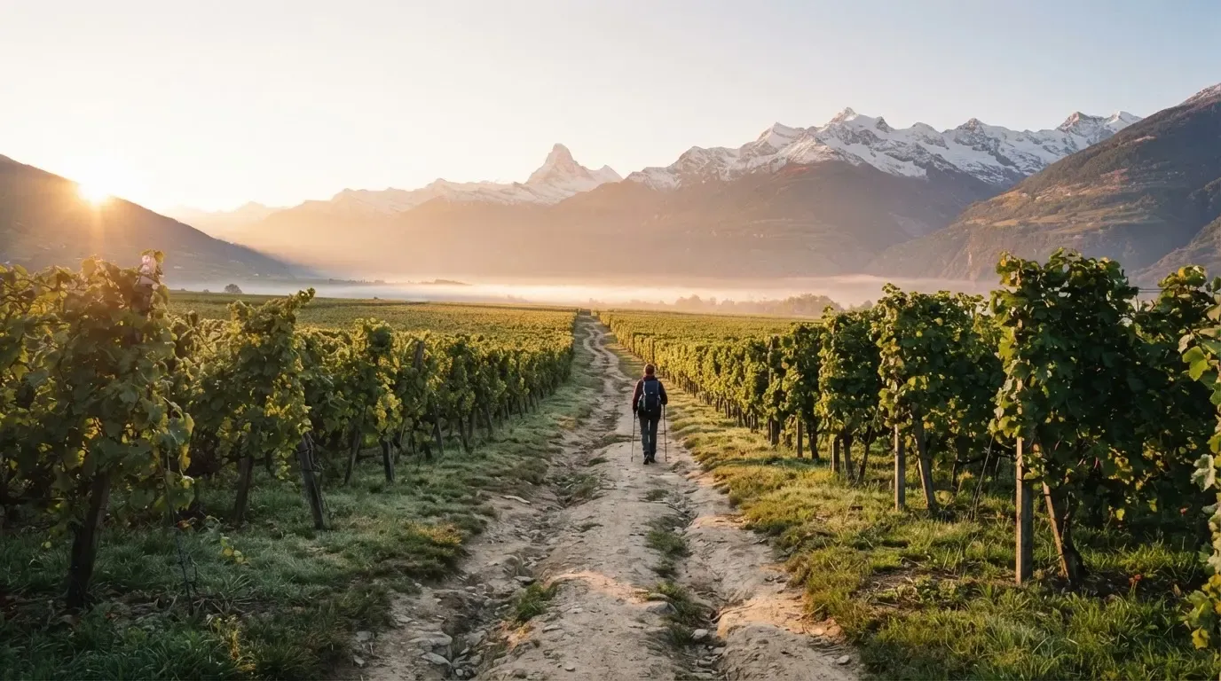 Ein Feldweg zwischen Weinreben im Wallis bei Sonnenaufgang, im Hintergrund hohe Berge und klare Luft.
