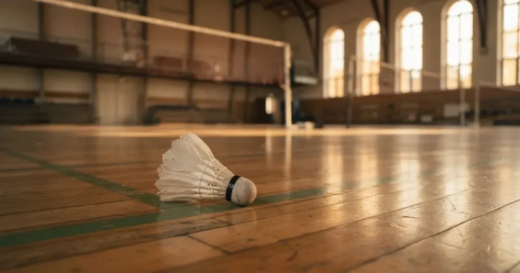 Ein Federball liegt auf dem Boden einer leeren Sporthalle, das Netz verschwimmt im Hintergrund, Licht fällt durch hohe Fenster.