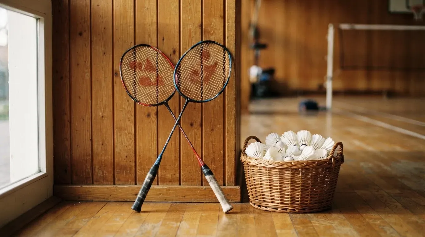 Zwei Badmintonschläger lehnen gekreuzt an einer Hallenwand aus Holz, daneben steht ein Korb mit Federbällen.