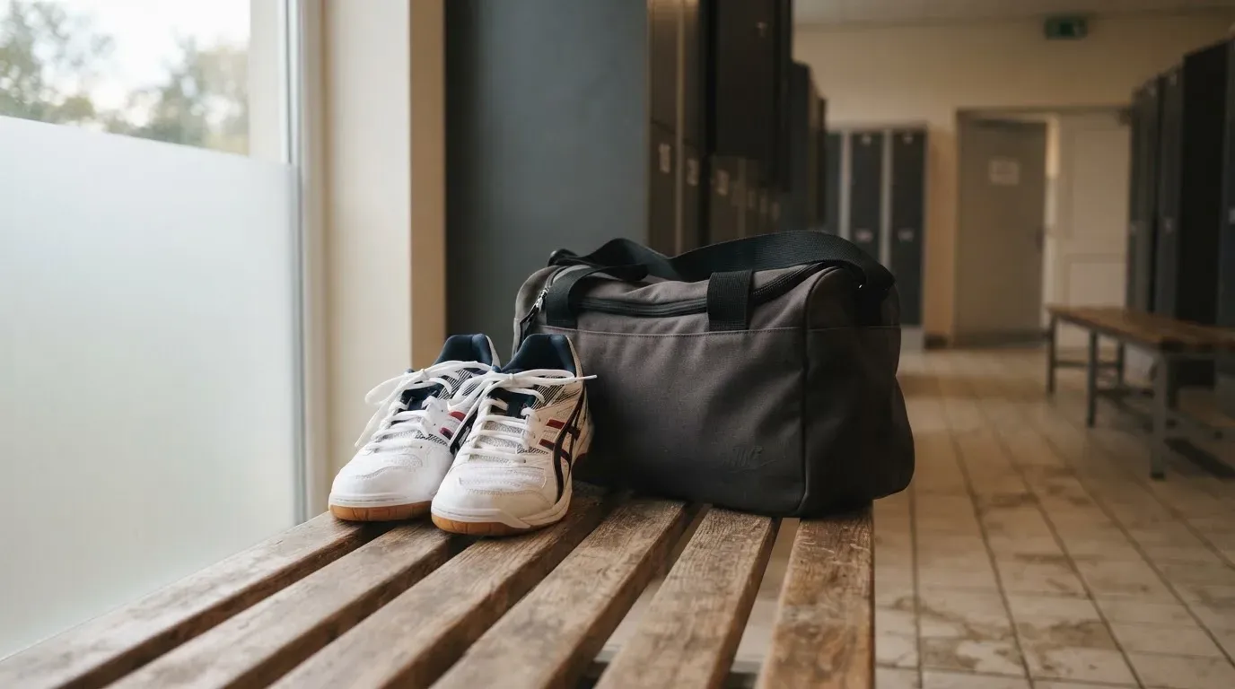 Ein Paar Hallenschuhe steht ordentlich neben einer Sporttasche auf einer Bank in einer leeren Garderobe, ein Fenster lässt Morgenlicht herein.