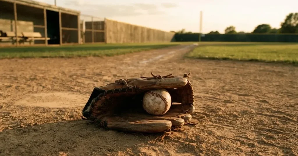 Ein Lederhandschuh und ein Ball liegen auf dem Sandboden eines leeren Spielfelds, die tiefstehende Sonne wirft lange Schatten.
