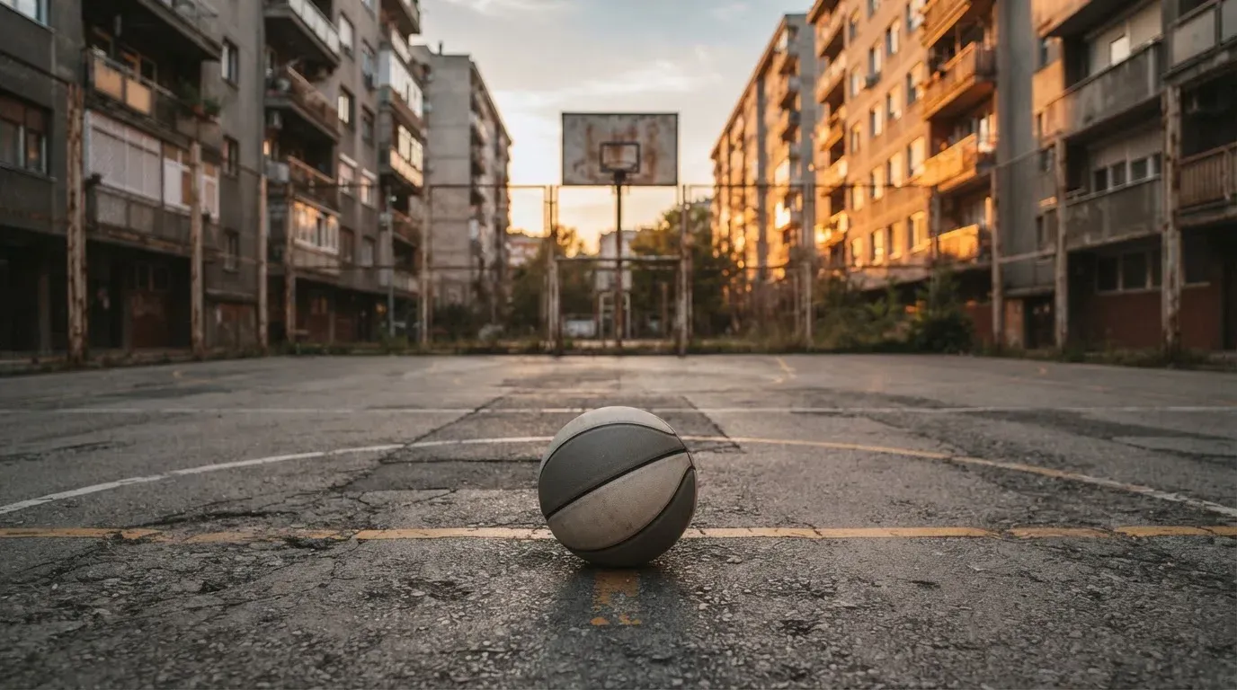 Ein Basketball liegt auf einem Asphaltplatz in einem Hinterhof zwischen Wohnblöcken, das Abendlicht färbt die Wände warm.