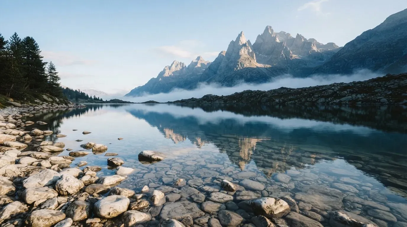 Ein Bergsee mit ruhigem Wasser und Gipfeln im Morgenlicht, am Ufer liegen glatte Steine.
