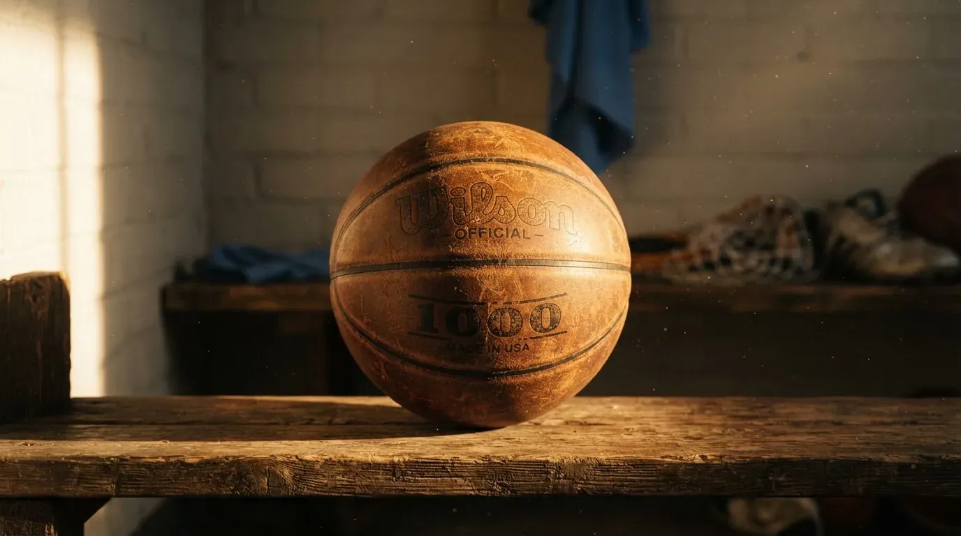 Ein abgenutzter Lederball liegt auf einem Holzregal in einem Vereinsraum, ein Sonnenstrahl macht den Staub sichtbar.