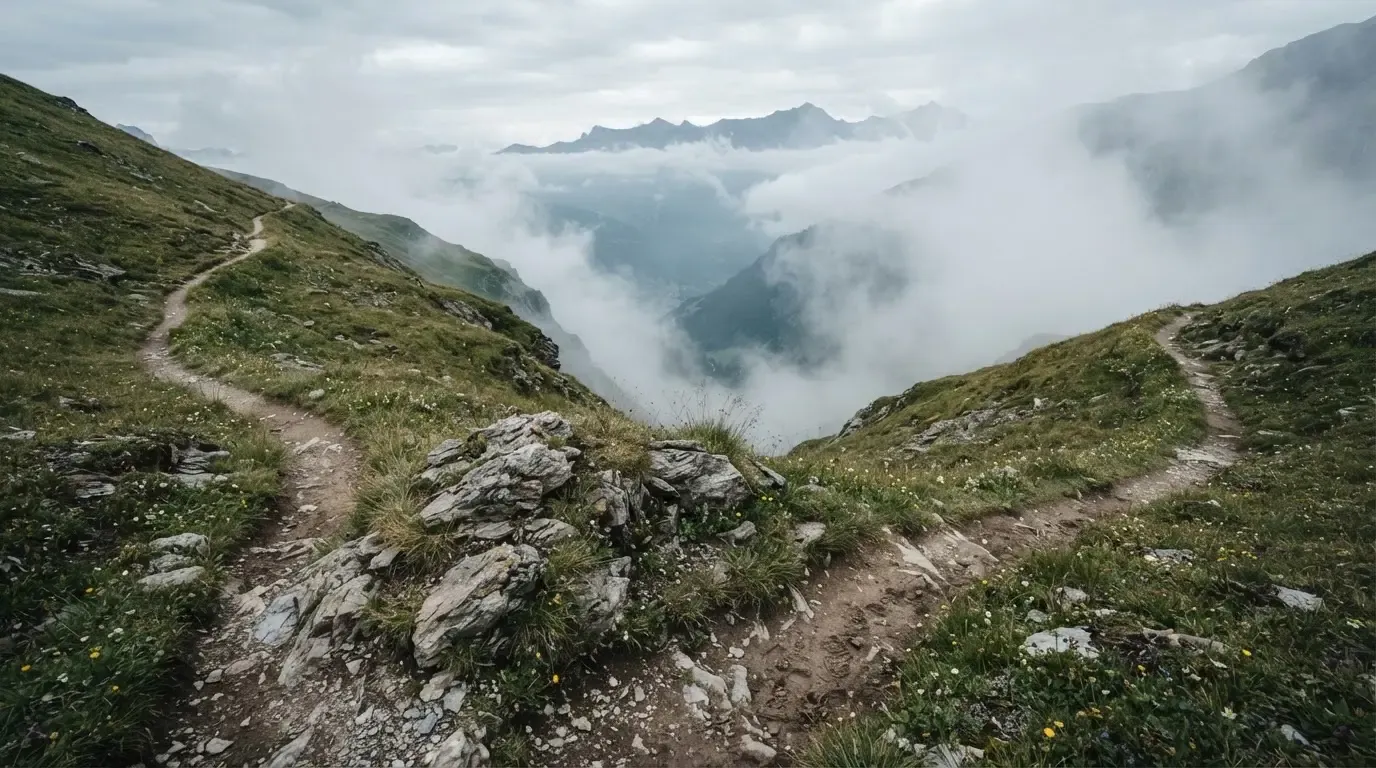 Eine Weggabelung auf einer Alpweide, zwei Pfade teilen sich zwischen Steinen, im Tal steigt Nebel auf.