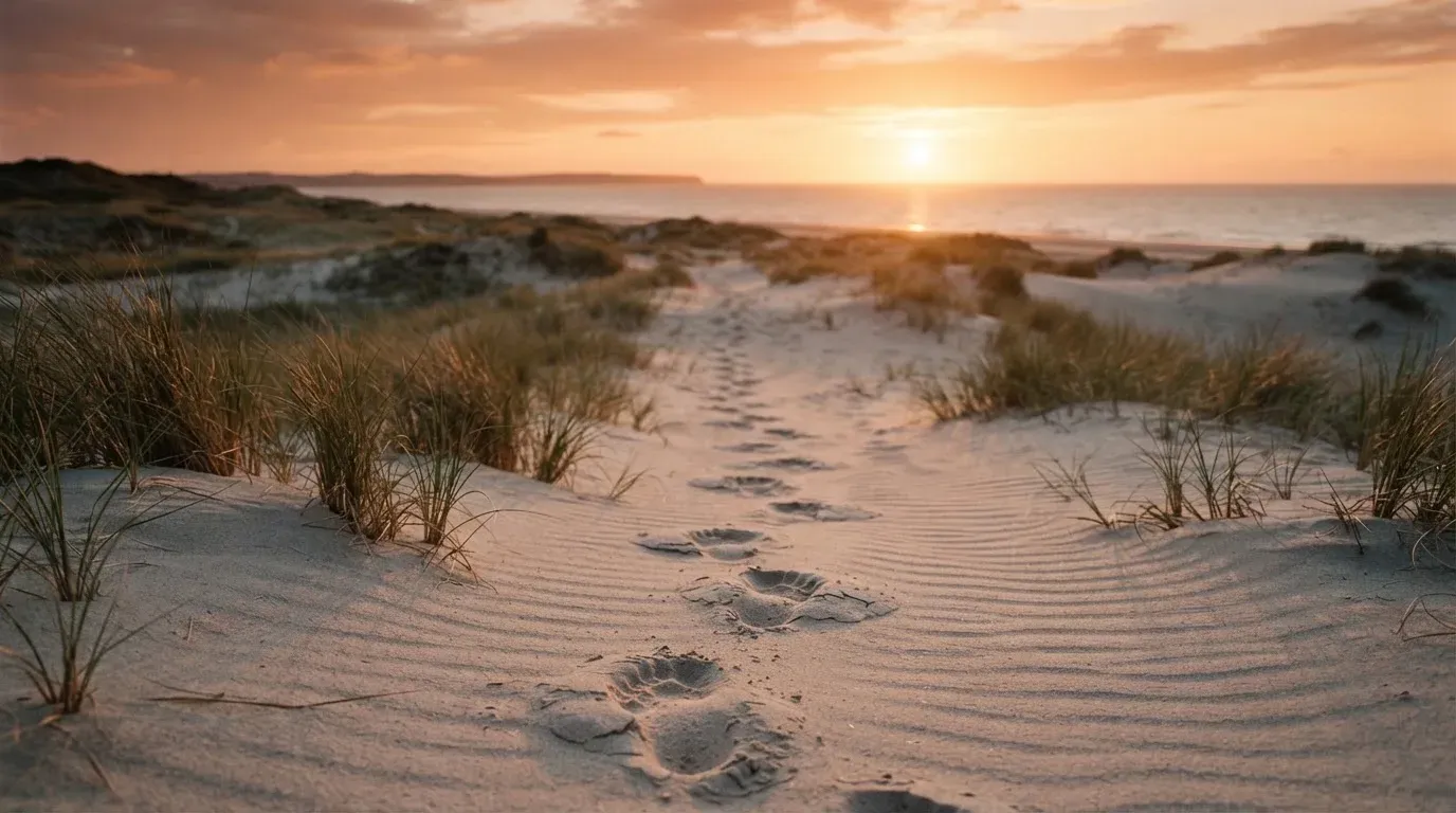 Spuren im Sand führen durch Dünengras auf den Horizont zu, die Sonne steht tief und färbt den Himmel orange.
