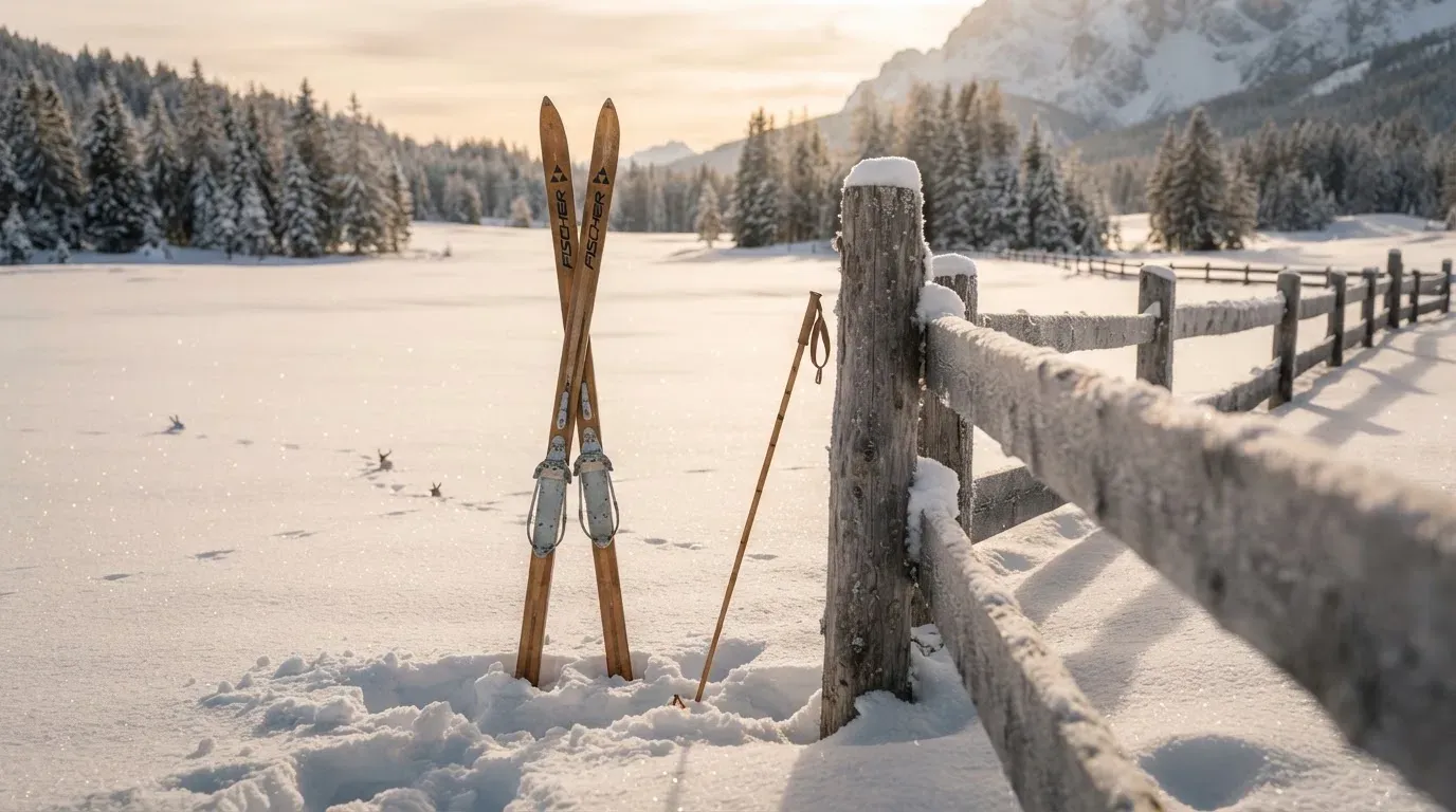 Ein Paar Langlaufskier steckt aufrecht im Schnee neben einem Holzzaun, die Sonne glitzert auf Eiskristallen.