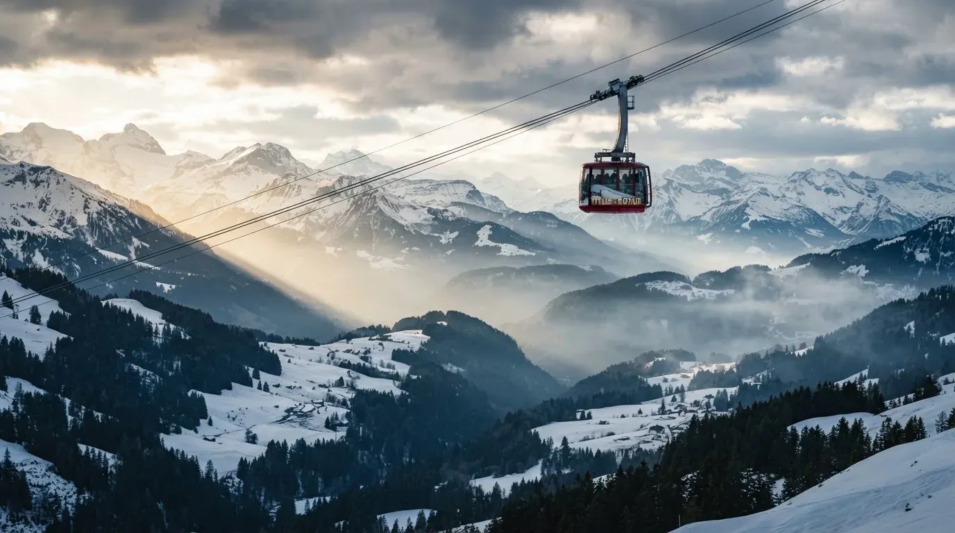 Eine Seilbahnkabine schwebt über einem verschneiten Tal, die Sonne bricht durch die Wolken und beleuchtet die Hänge.