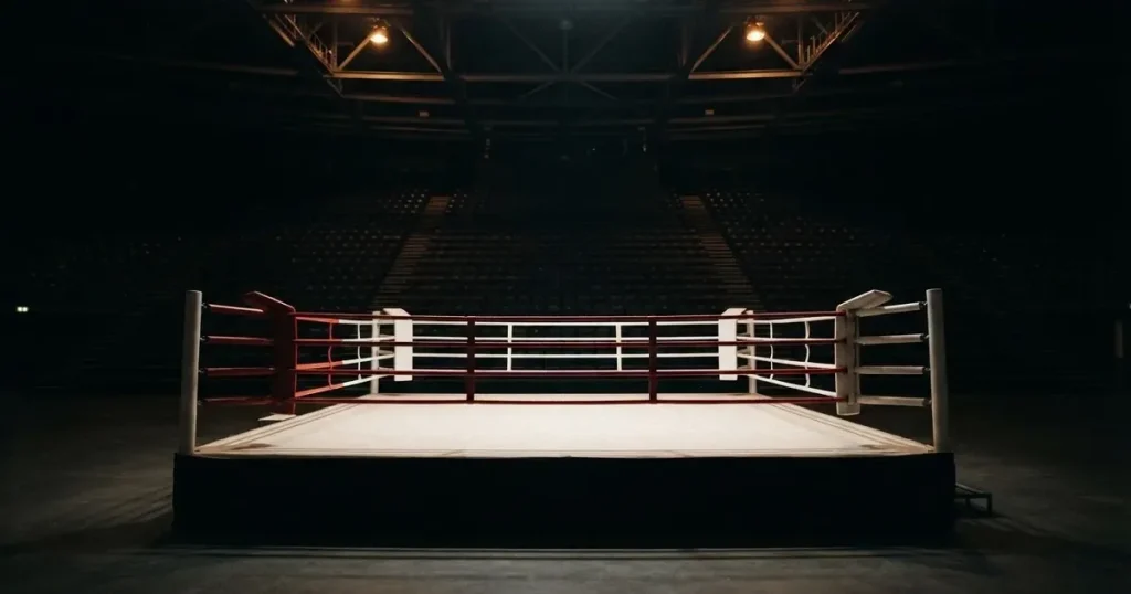 Ein leerer Boxring mit gespannten Seilen unter hellem Hallenlicht, dahinter ansteigende Zuschauerränge in einer grossen dunklen Halle