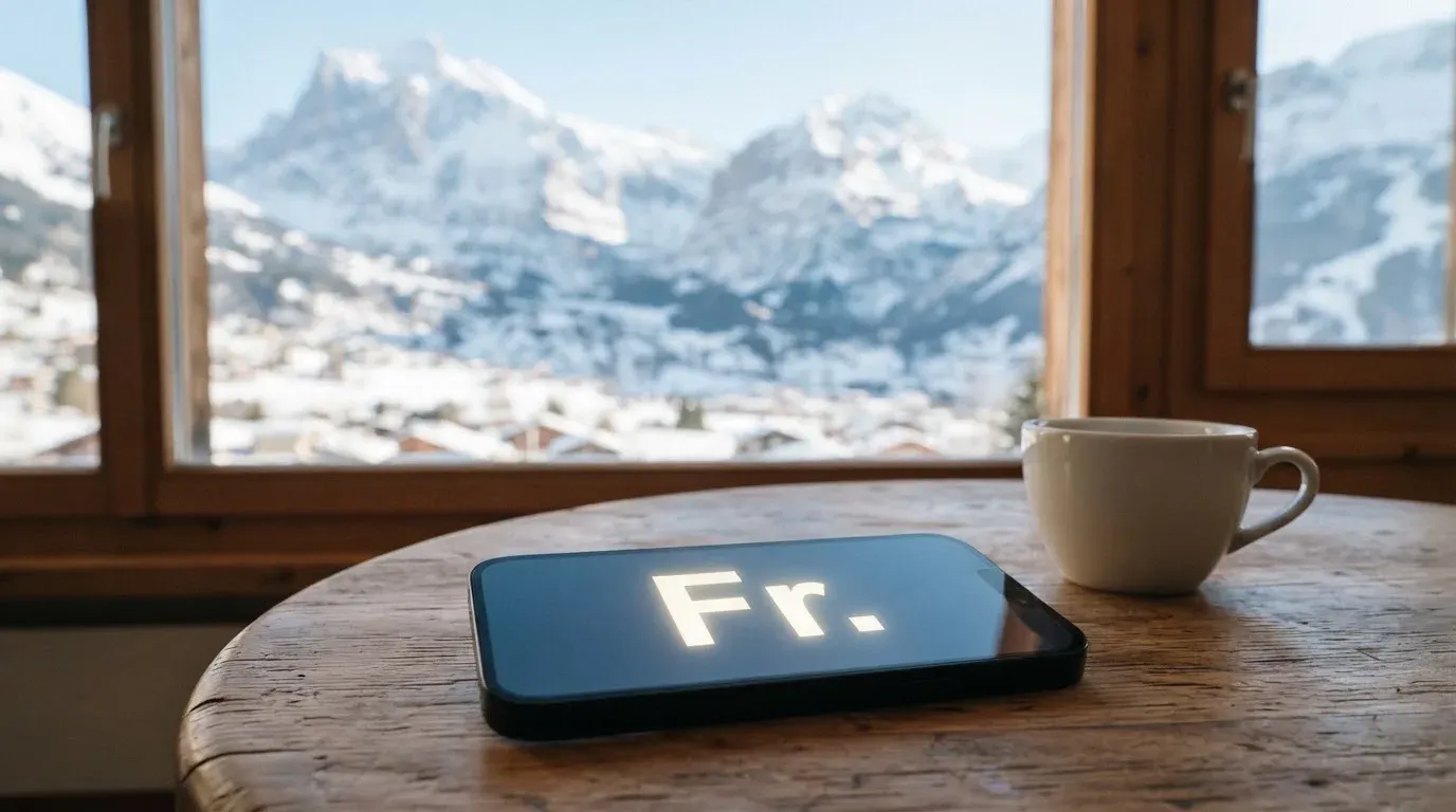 Ein Smartphone mit dunklem Bildschirm liegt auf einem Holztisch vor einem Fenster mit Blick auf schneebedeckte Gipfel