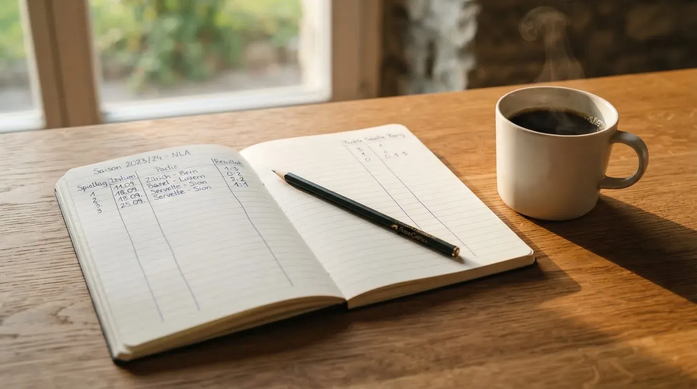 Ein aufgeschlagenes Notizbuch mit handgeschriebenen Spalten und ein Bleistift neben einer Tasse Kaffee auf einem Holztisch am Morgen