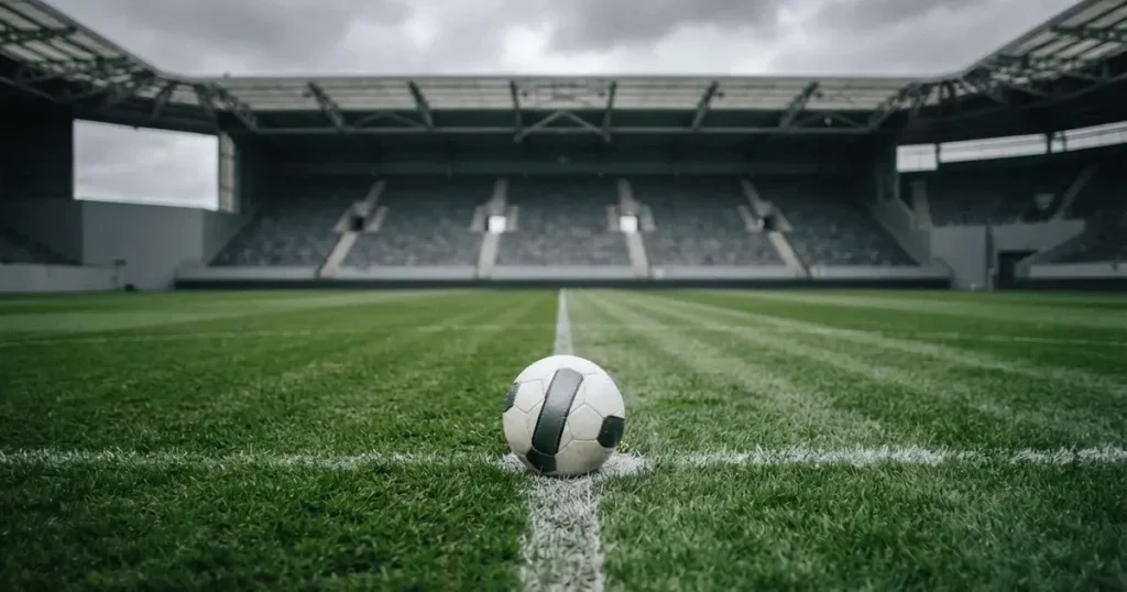 Ein Fussball liegt auf dem Anstosspunkt eines frisch gemähten Rasens, dahinter eine grosse Tribüne unter bewölktem Himmel
