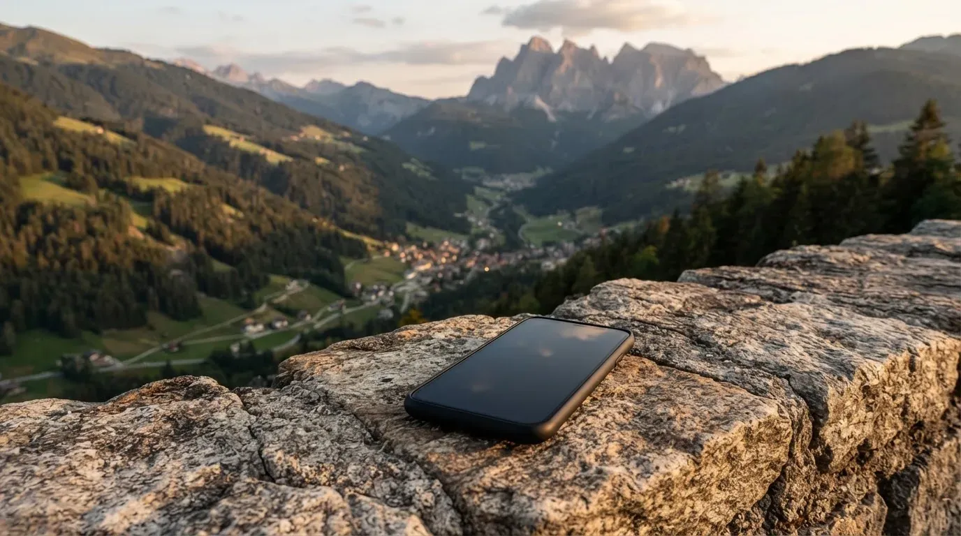 Ein Smartphone mit dunklem Display liegt auf einer Steinmauer, dahinter ein Alpental im Abendlicht