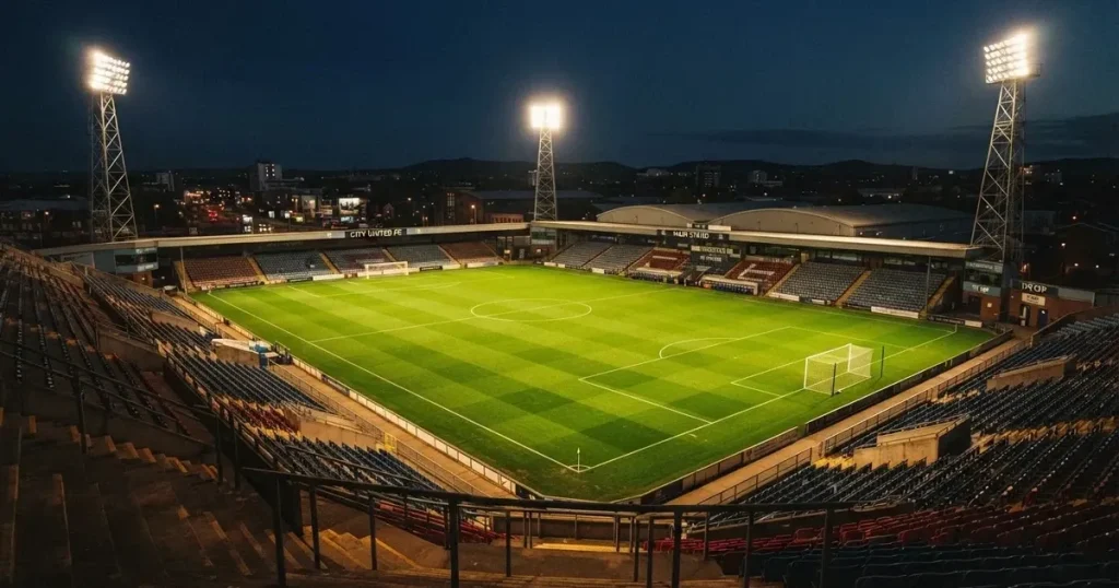Ein Fussballstadion bei Flutlicht von einer Anhöhe aus gesehen, der Rasen leuchtet grün unter dunklem Abendhimmel