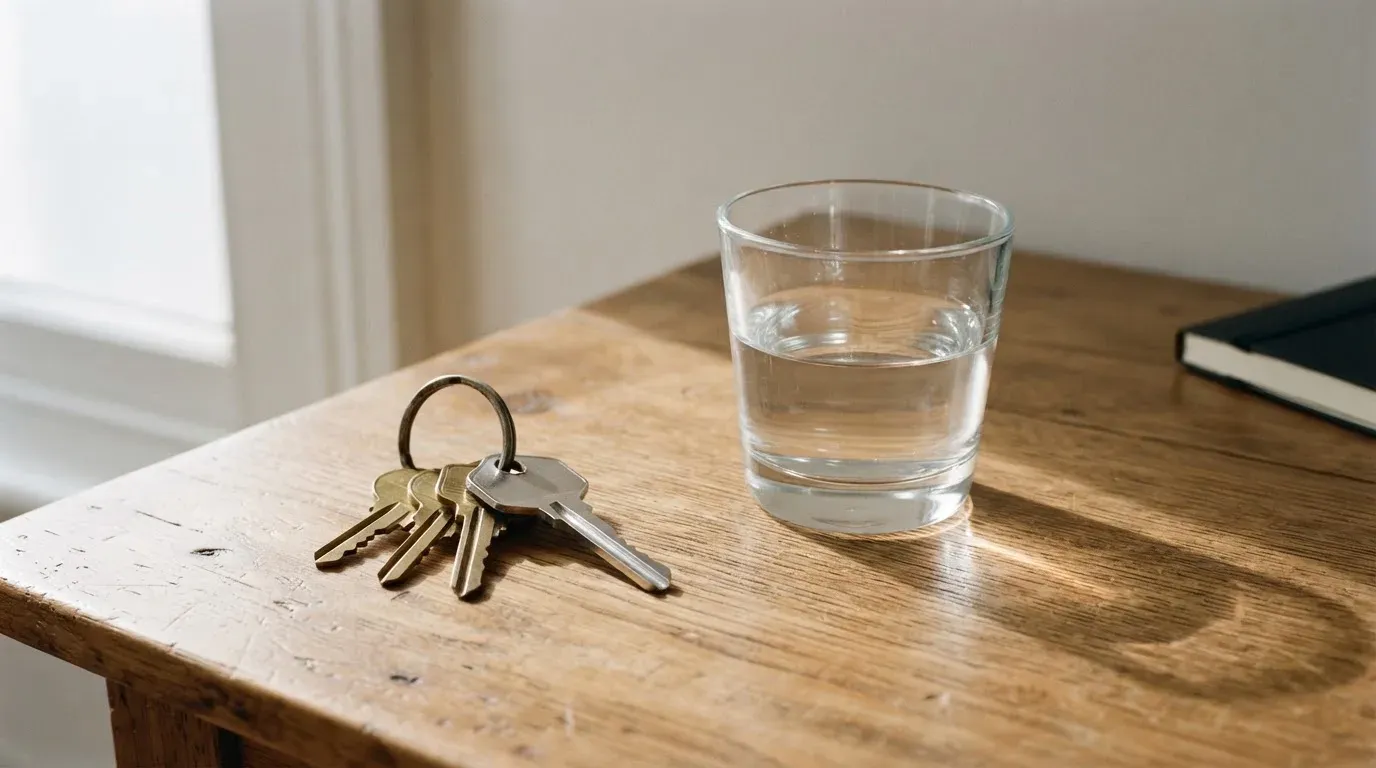 Ein Schlüsselbund und ein Glas Wasser stehen auf einem Holztisch im Licht eines Fensters