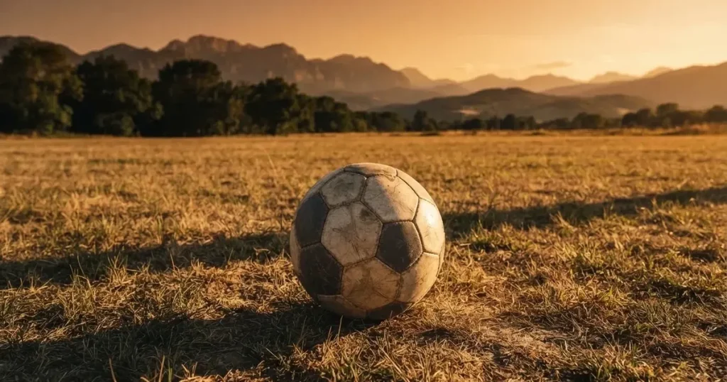 Ein Fussball auf einem staubigen Rasenstück in der Abendsonne, im Hintergrund eine hohe Bergkette