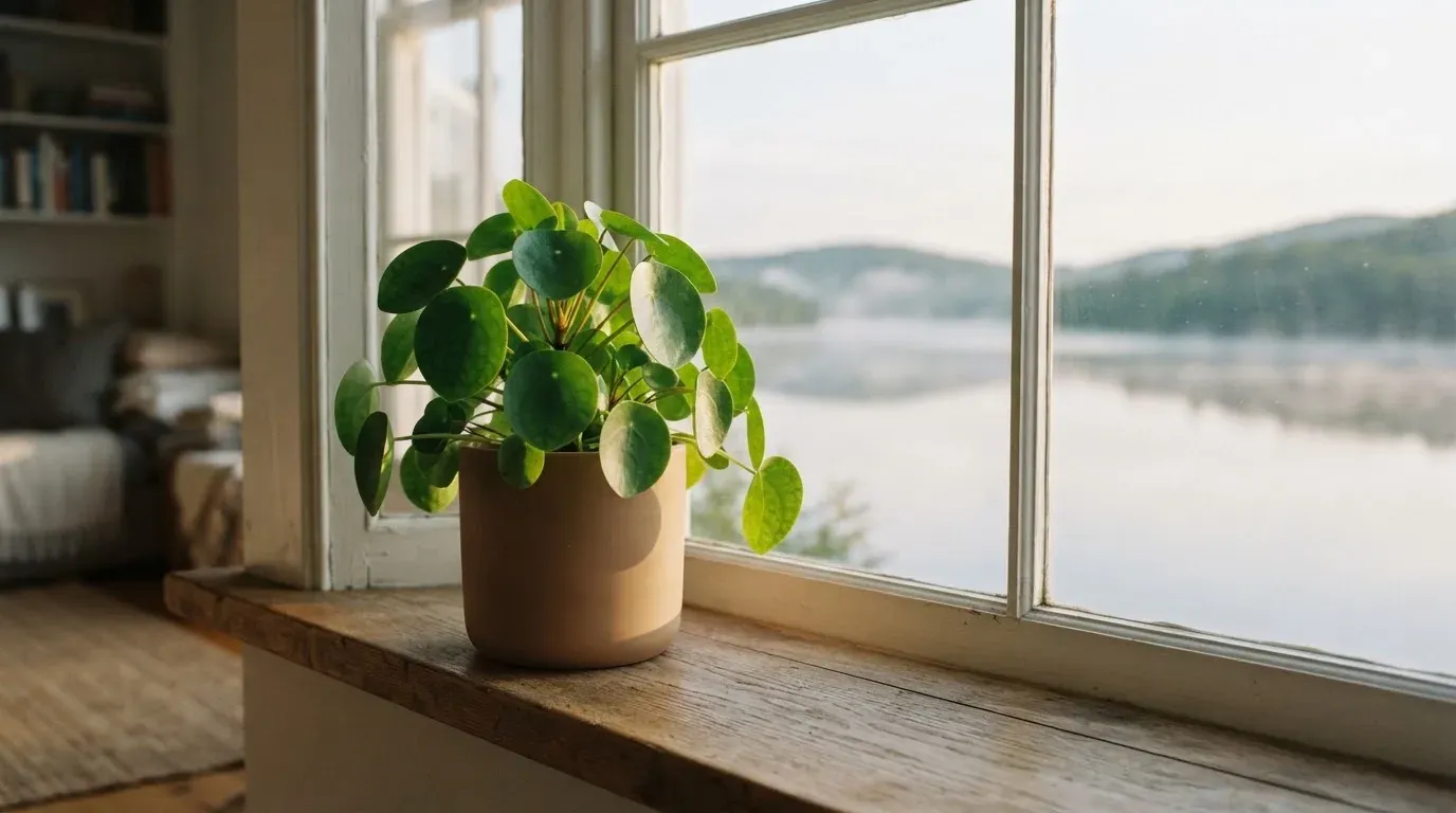 Eine Topfpflanze auf einem Fensterbrett mit weitem Blick über einen stillen See am Morgen