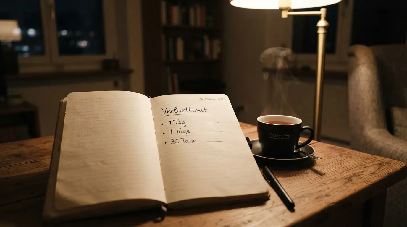 Ein Notizbuch mit handschriftlichen Einträgen und eine Tasse Tee stehen auf einem Tisch neben einer Stehlampe